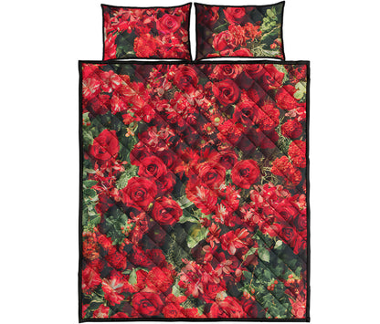 Red Rose Flower Print Quilt Bed Set