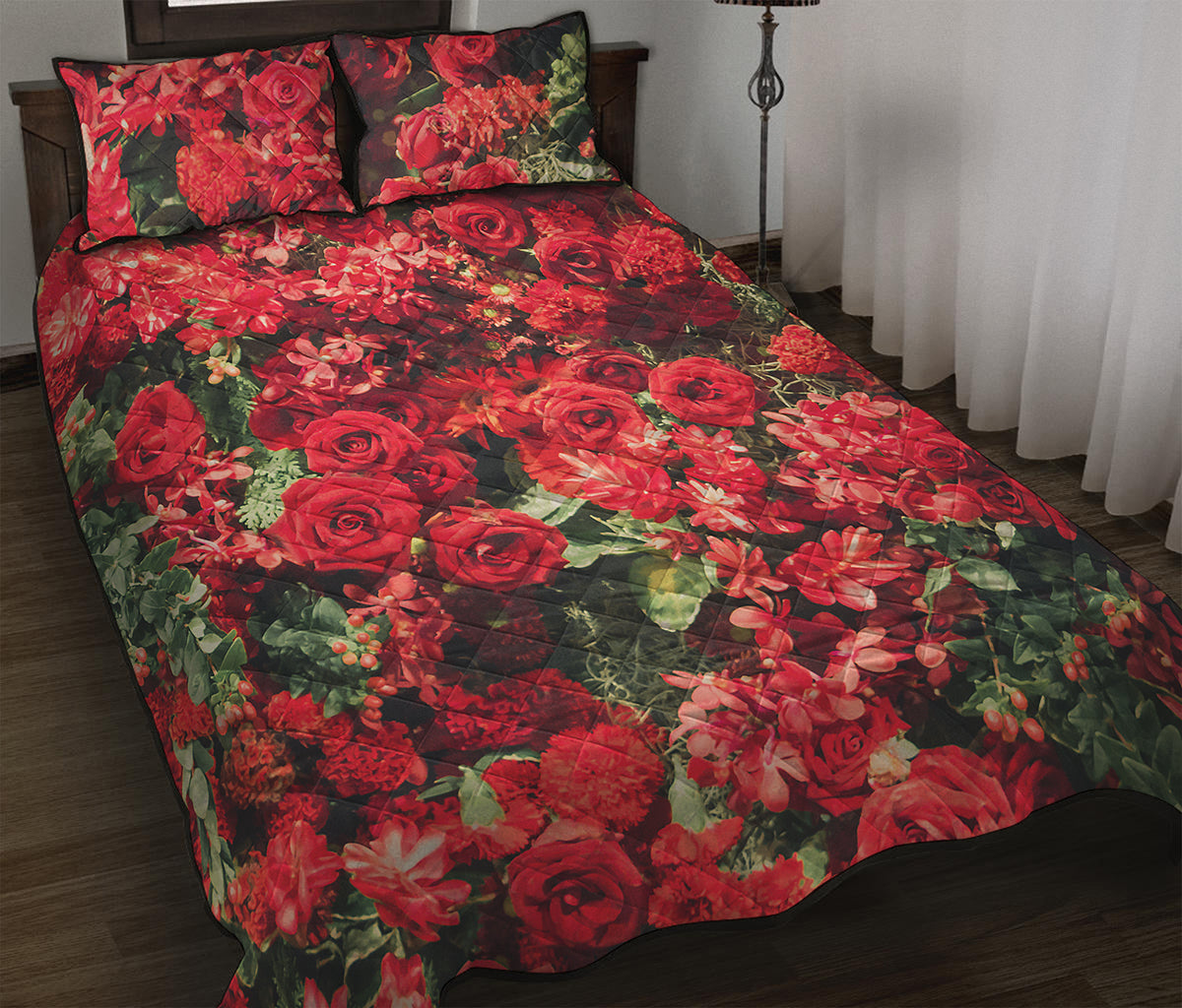 Red Rose Flower Print Quilt Bed Set
