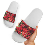 Red Rose Flower Print White Slide Sandals