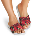 Red Rose Flower Print White Slide Sandals