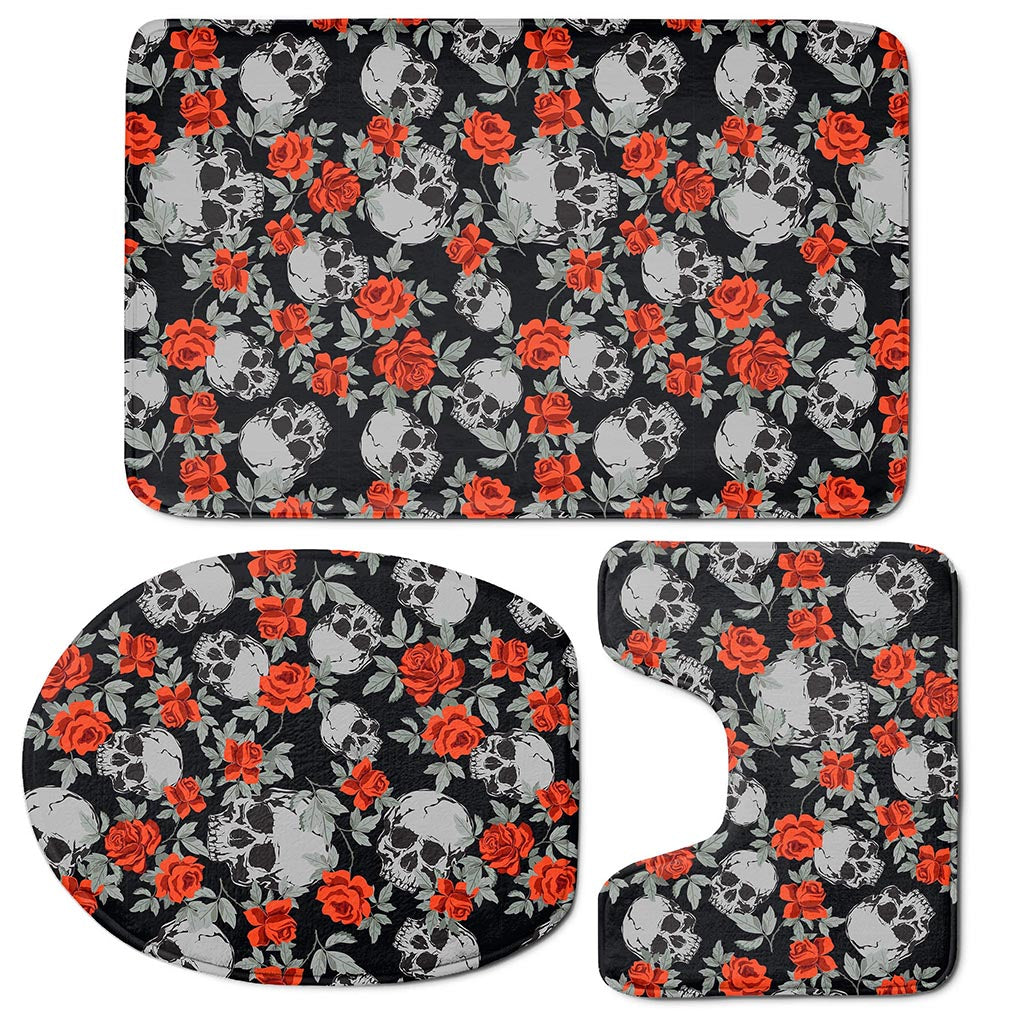 Red Rose Grey Skull Pattern Print 3 Piece Bath Mat Set
