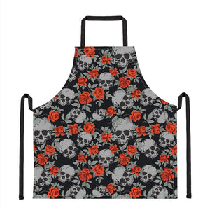 Red Rose Grey Skull Pattern Print Apron