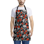 Red Rose Grey Skull Pattern Print Apron