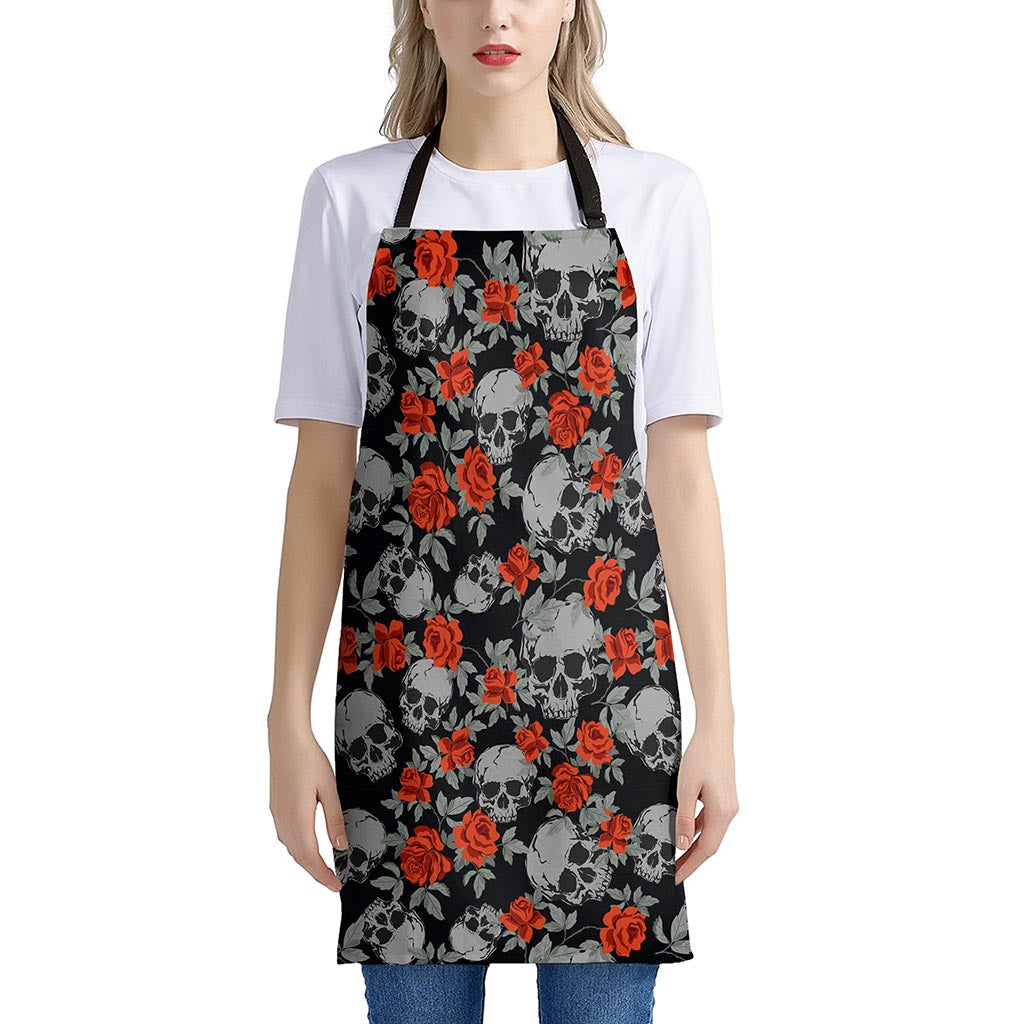 Red Rose Grey Skull Pattern Print Apron