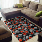 Red Rose Grey Skull Pattern Print Area Rug GearFrost