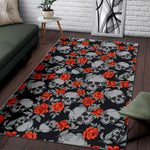 Red Rose Grey Skull Pattern Print Area Rug GearFrost