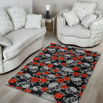 Red Rose Grey Skull Pattern Print Area Rug GearFrost