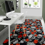 Red Rose Grey Skull Pattern Print Area Rug GearFrost