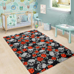 Red Rose Grey Skull Pattern Print Area Rug GearFrost