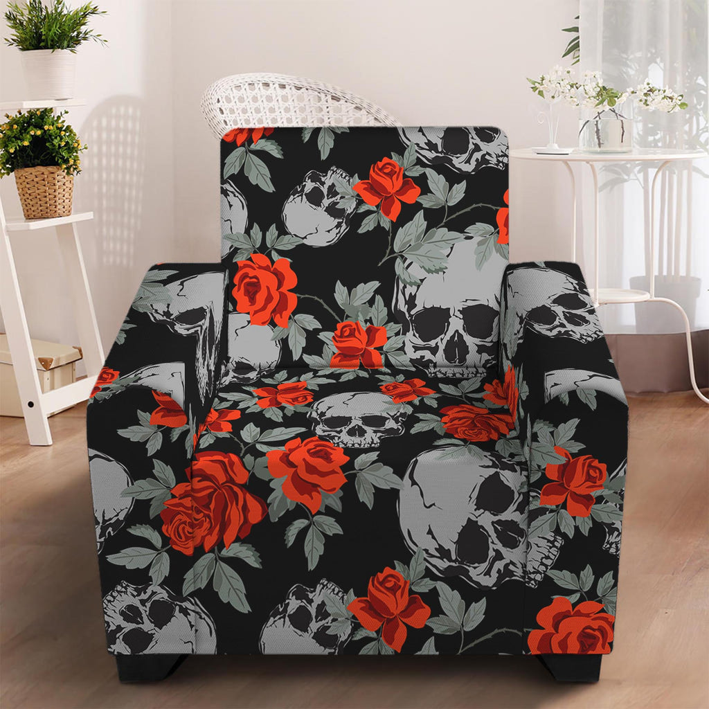 Red Rose Grey Skull Pattern Print Armchair Slipcover