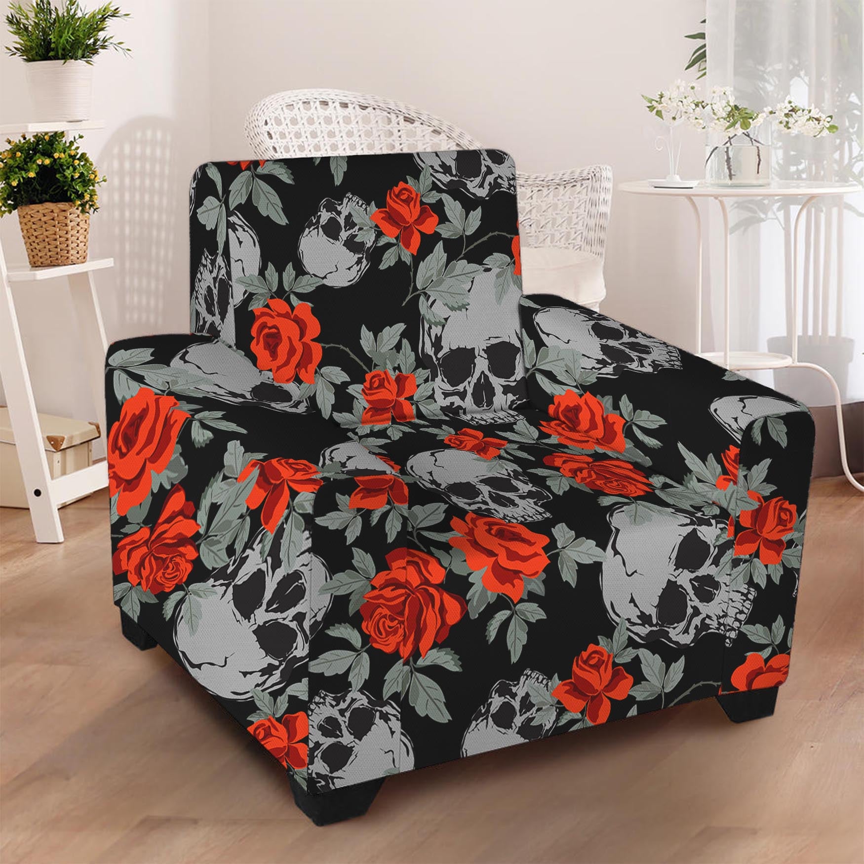 Red Rose Grey Skull Pattern Print Armchair Slipcover