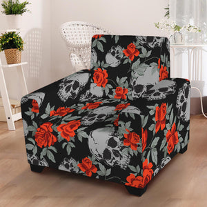 Red Rose Grey Skull Pattern Print Armchair Slipcover