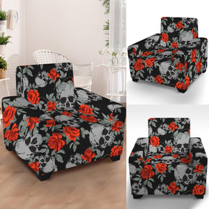 Red Rose Grey Skull Pattern Print Armchair Slipcover