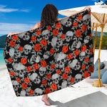 Red Rose Grey Skull Pattern Print Beach Sarong Wrap