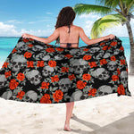Red Rose Grey Skull Pattern Print Beach Sarong Wrap