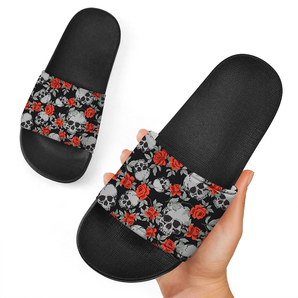 Red Rose Grey Skull Pattern Print Black Slide Sandals