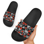 Red Rose Grey Skull Pattern Print Black Slide Sandals