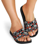 Red Rose Grey Skull Pattern Print Black Slide Sandals