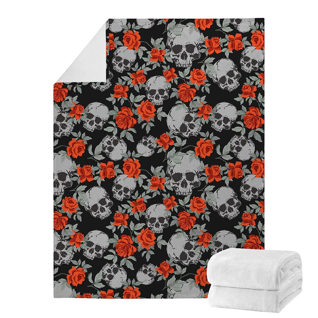 Red Rose Grey Skull Pattern Print Blanket