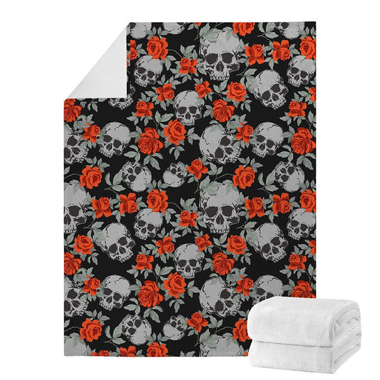 Red Rose Grey Skull Pattern Print Blanket