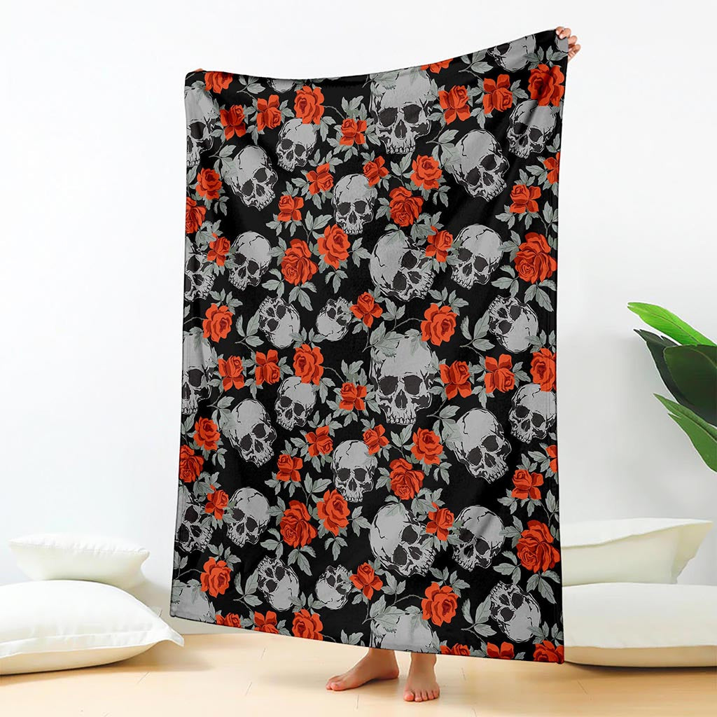 Red Rose Grey Skull Pattern Print Blanket