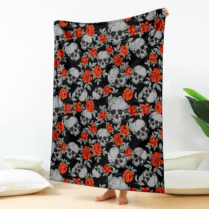 Red Rose Grey Skull Pattern Print Blanket