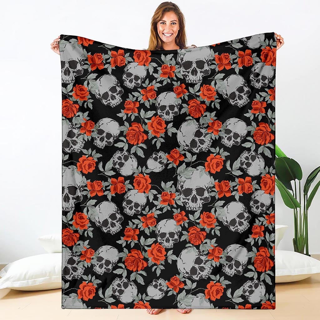Red Rose Grey Skull Pattern Print Blanket