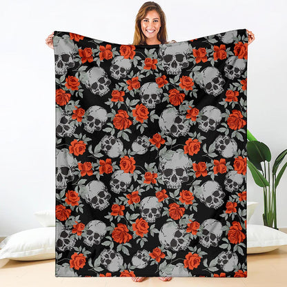 Red Rose Grey Skull Pattern Print Blanket