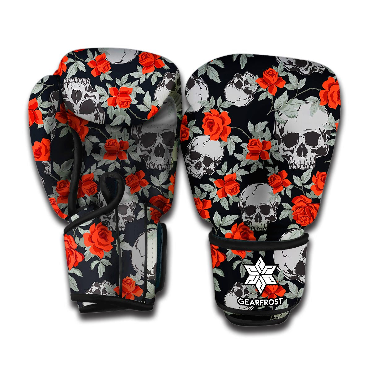 Red Rose Grey Skull Pattern Print Boxing Gloves