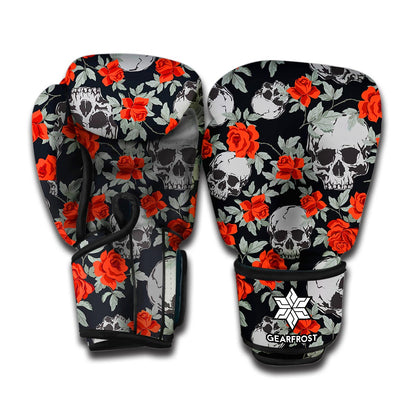 Red Rose Grey Skull Pattern Print Boxing Gloves