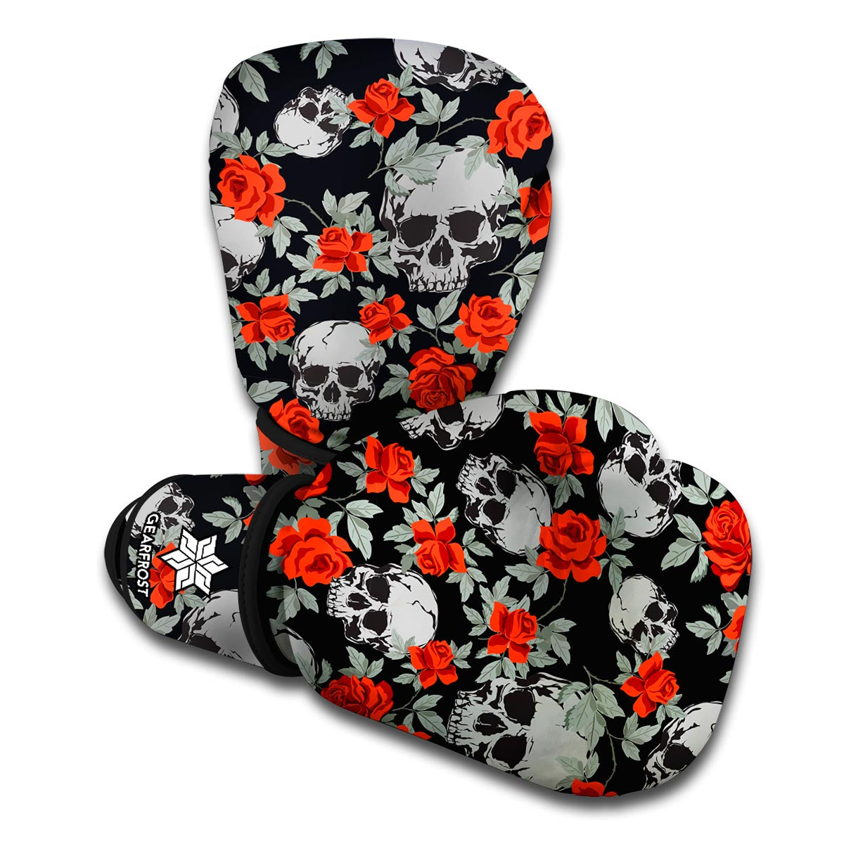 Red Rose Grey Skull Pattern Print Boxing Gloves