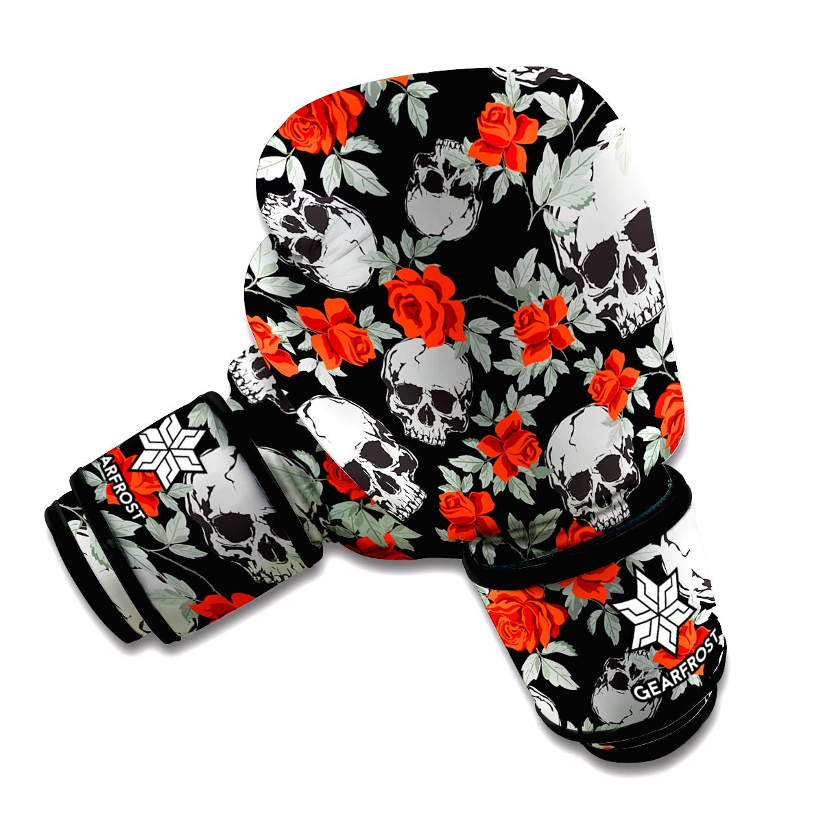 Red Rose Grey Skull Pattern Print Boxing Gloves