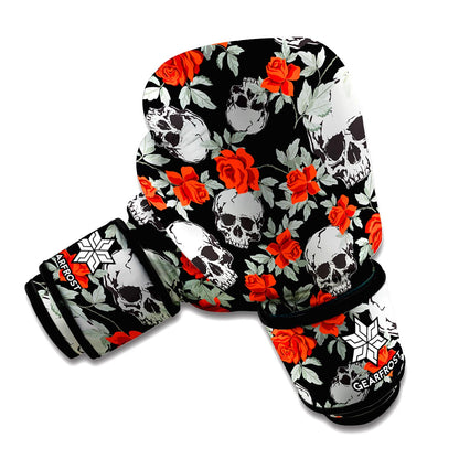 Red Rose Grey Skull Pattern Print Boxing Gloves