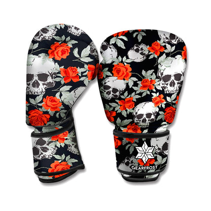 Red Rose Grey Skull Pattern Print Boxing Gloves