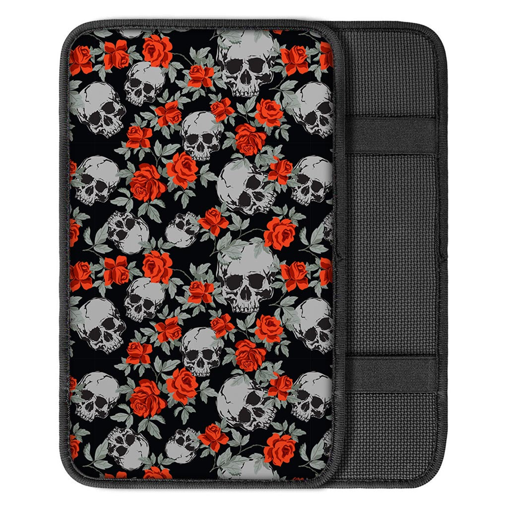 Red Rose Grey Skull Pattern Print Car Center Console Cover