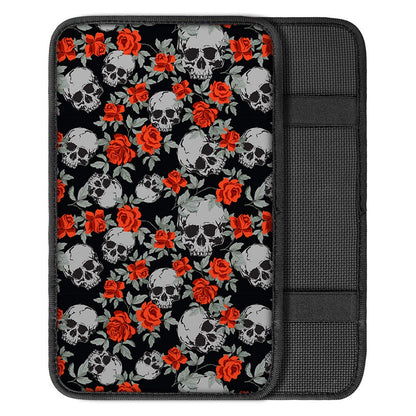 Red Rose Grey Skull Pattern Print Car Center Console Cover