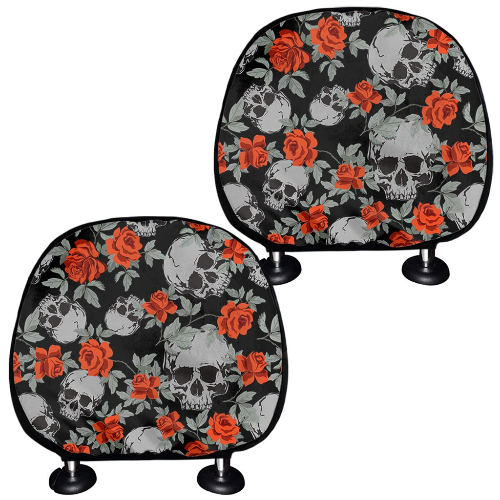 Red Rose Grey Skull Pattern Print Car Headrest Covers