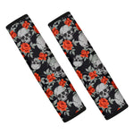 Red Rose Grey Skull Pattern Print Car Seat Belt Covers
