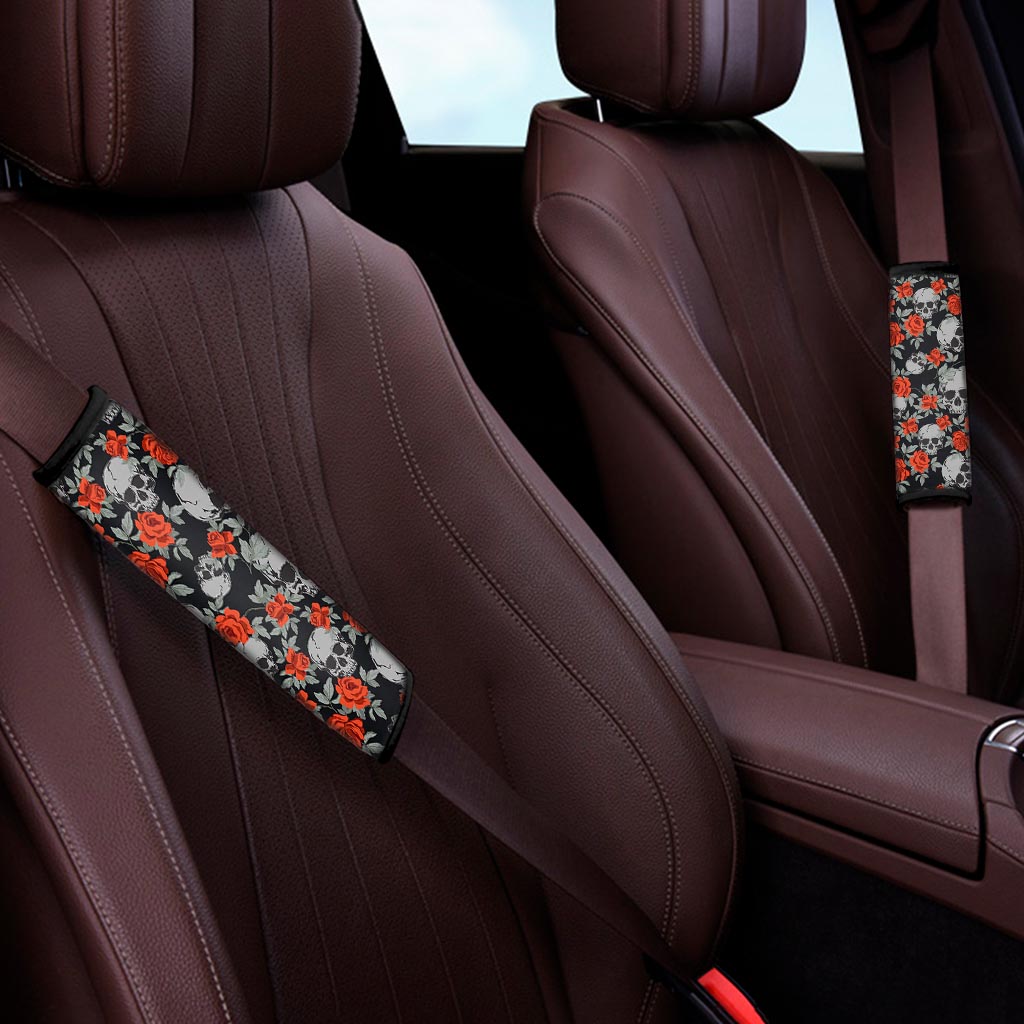 Red Rose Grey Skull Pattern Print Car Seat Belt Covers