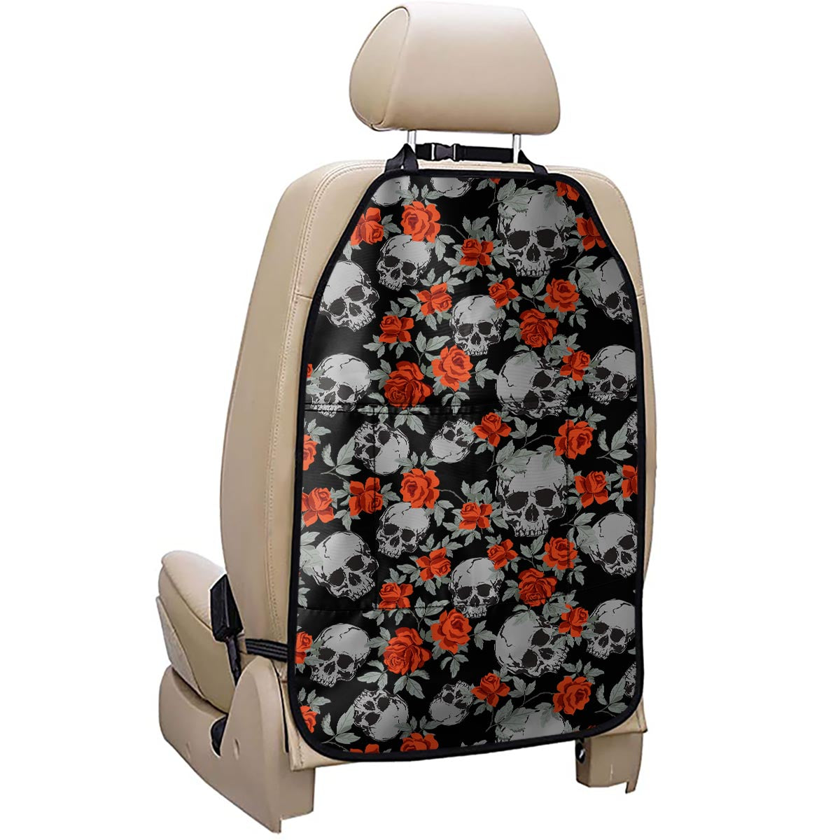 Red Rose Grey Skull Pattern Print Car Seat Organizers