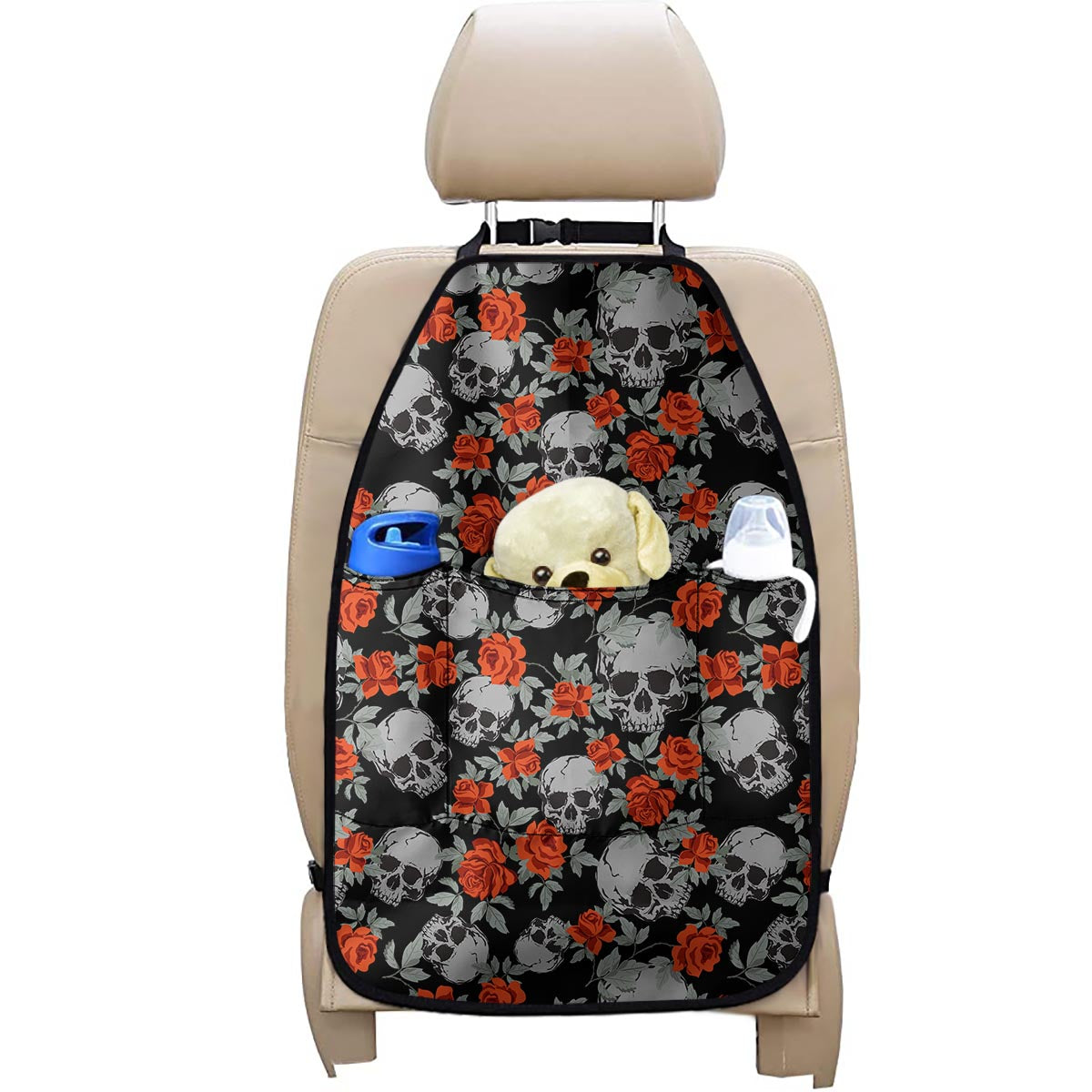 Red Rose Grey Skull Pattern Print Car Seat Organizers