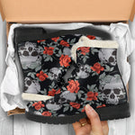 Red Rose Grey Skull Pattern Print Comfy Boots GearFrost