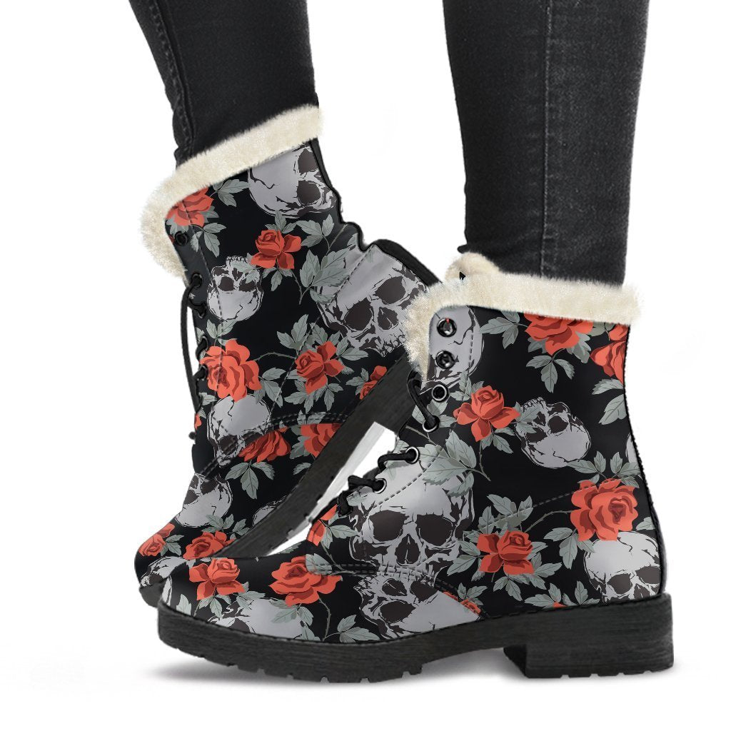 Red Rose Grey Skull Pattern Print Comfy Boots GearFrost