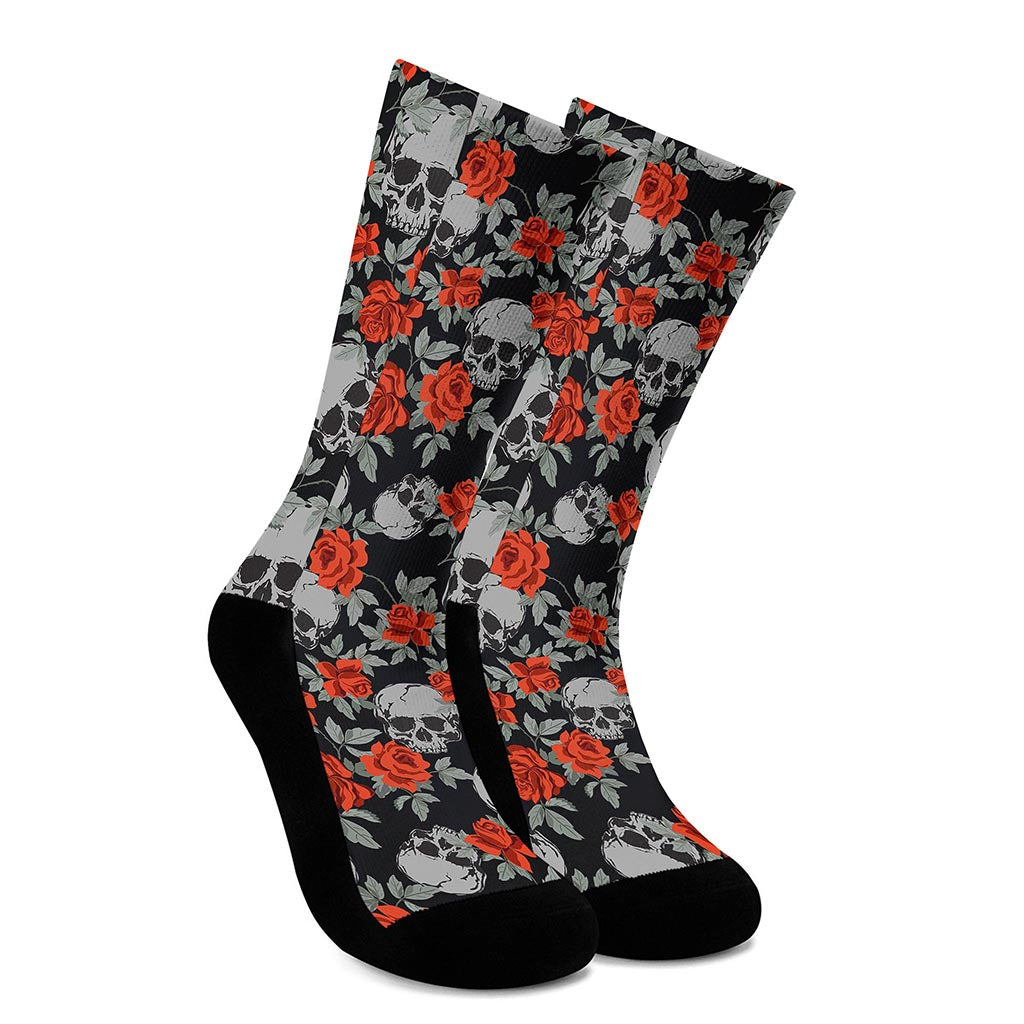 Red Rose Grey Skull Pattern Print Crew Socks