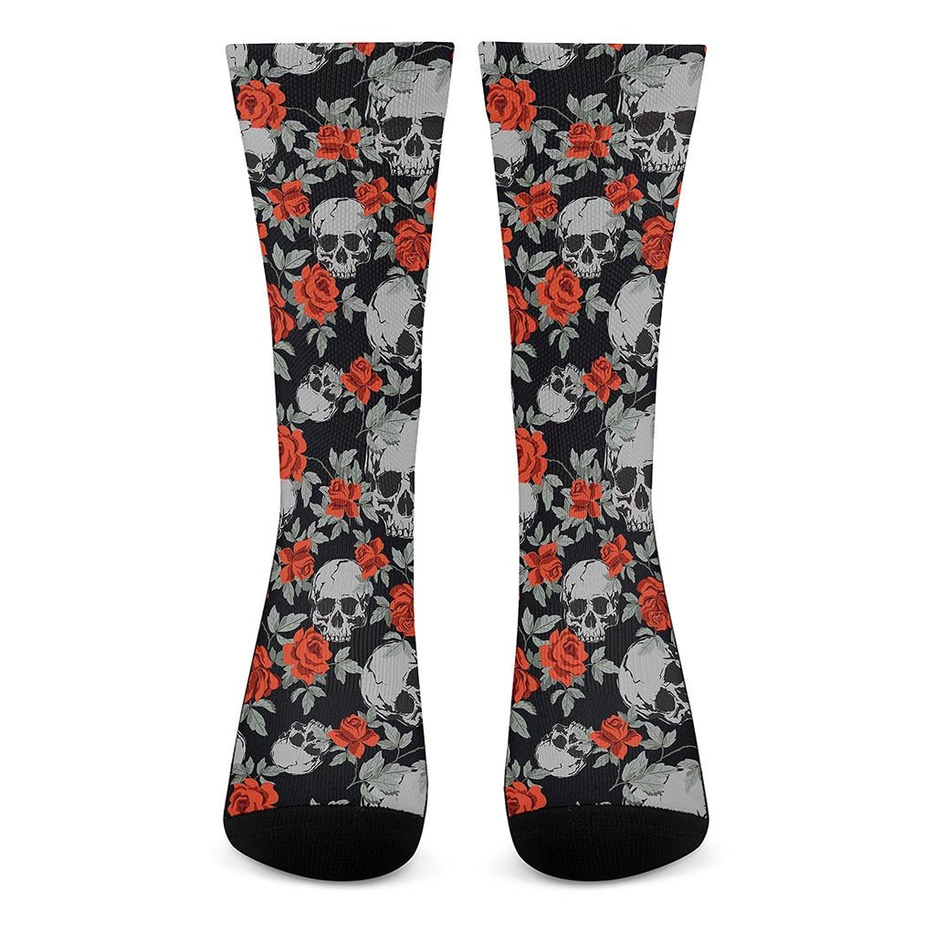Red Rose Grey Skull Pattern Print Crew Socks