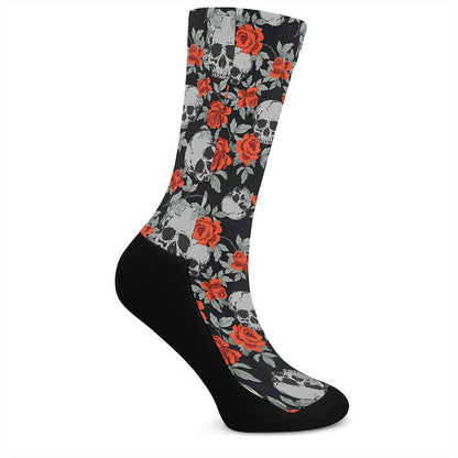 Red Rose Grey Skull Pattern Print Crew Socks
