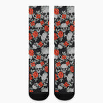 Red Rose Grey Skull Pattern Print Crew Socks