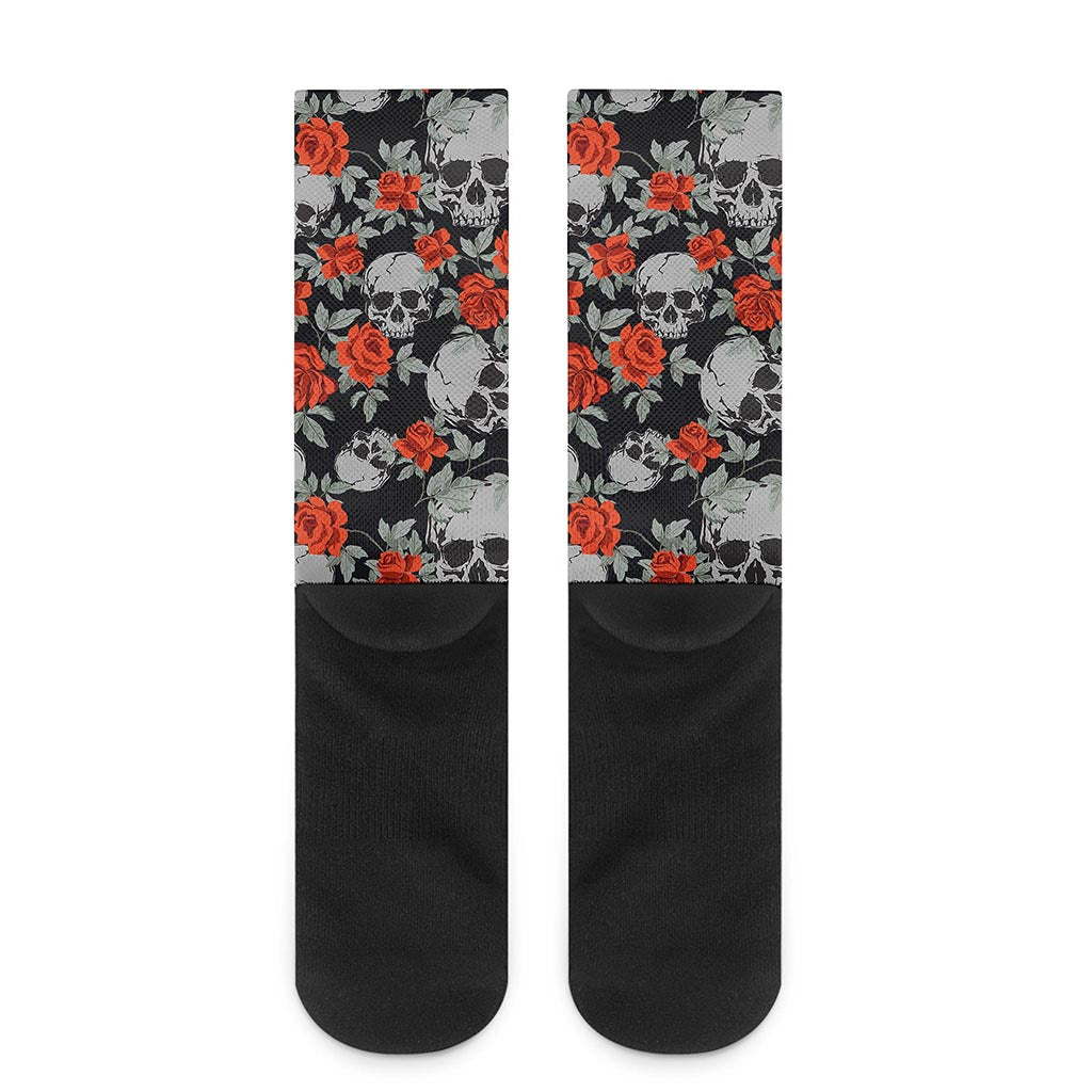Red Rose Grey Skull Pattern Print Crew Socks