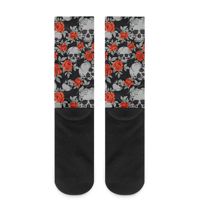 Red Rose Grey Skull Pattern Print Crew Socks