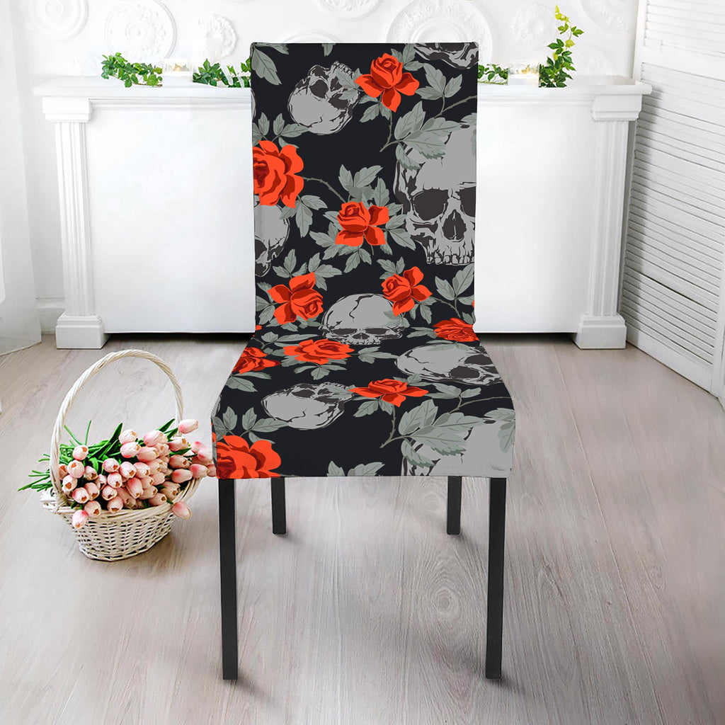 Red Rose Grey Skull Pattern Print Dining Chair Slipcover